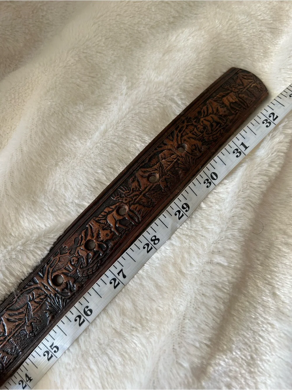 Brown tooled leather silver buckle western style belt size 28 hunting